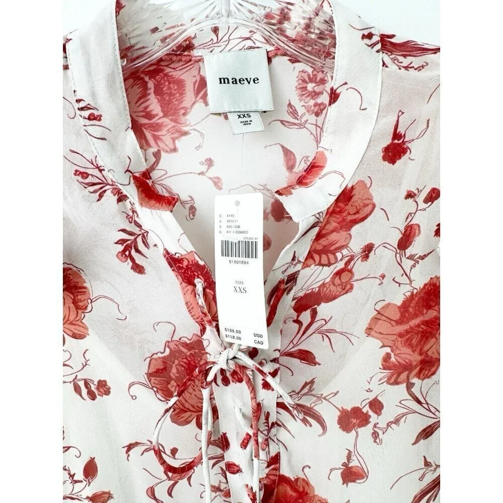 NWT Anthropologie Maeve Long-Sleeve Ruffled Sheer Blouse Top XXS Pink Floral